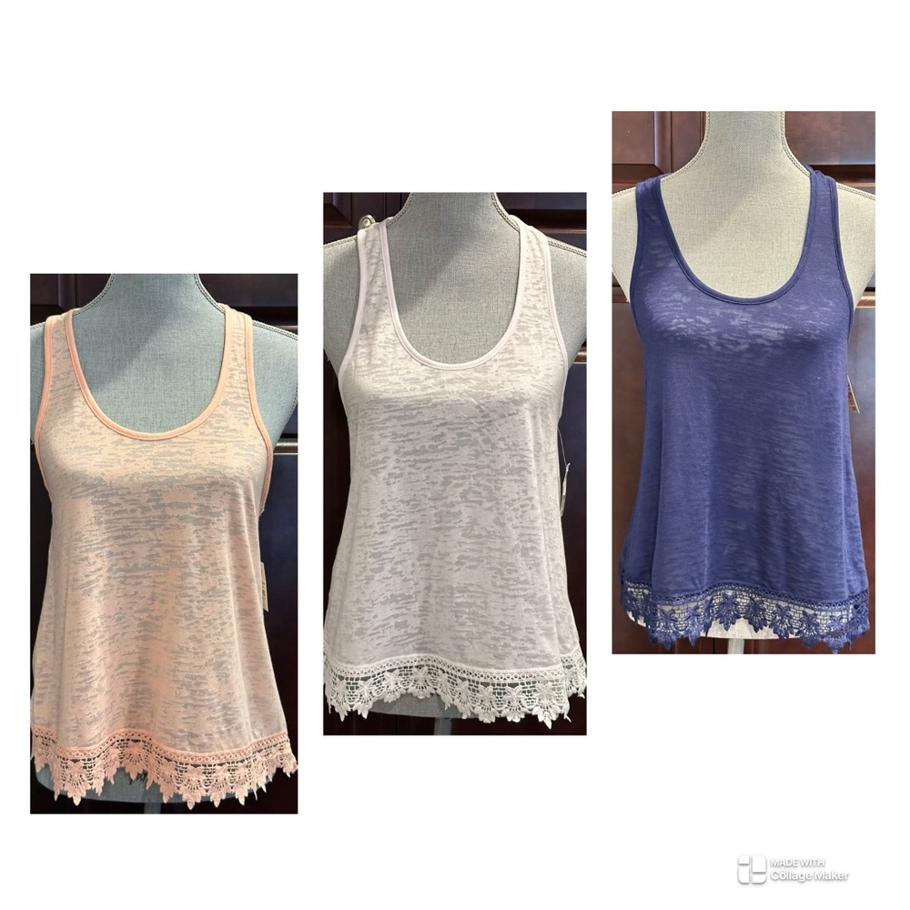 New NWT Bundle of lace bottom tank tops,blue, peach & white juniors size medium